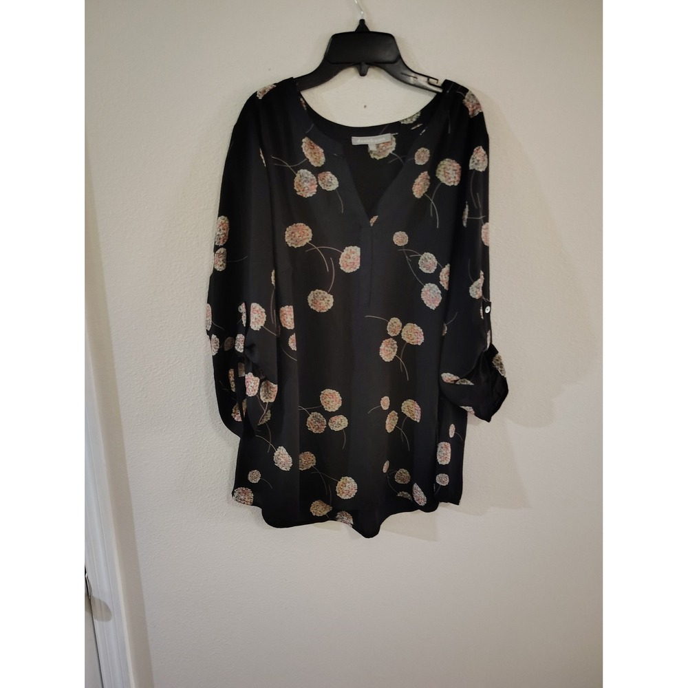 Daniel Rainn Womens 1X Black Floral Roll Tab Sleeve Split Neck Blouse Top